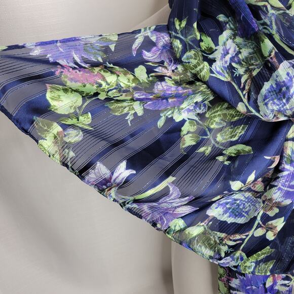 Floral Navy, Green, Purple Semi-Sheer Long Scarf in Silky Fabric - Picture 3 of 6